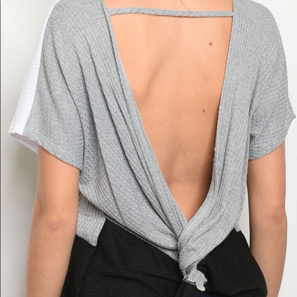 ❌DONATED❌Gray Black White Twisted Knot Back Design Stripe Waffle Top - Picture 3 of 9